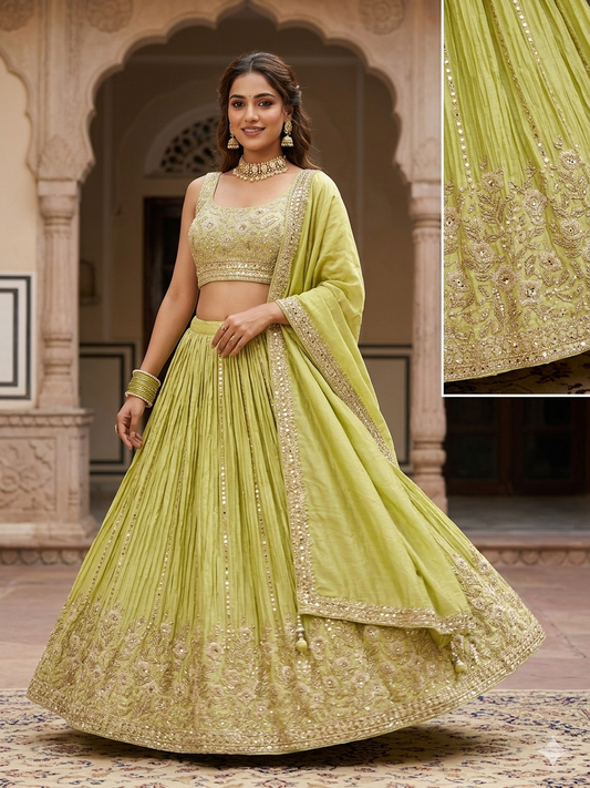 Size UK 10 (36" Bust) Adjustable to Size 12 - Lime Green - Silky Lehenga Set - Mehndi / Sangeet / Bridesmaids / Weddings / Garba - UK Stock - 24h Dispatch - OC42240 05AP26