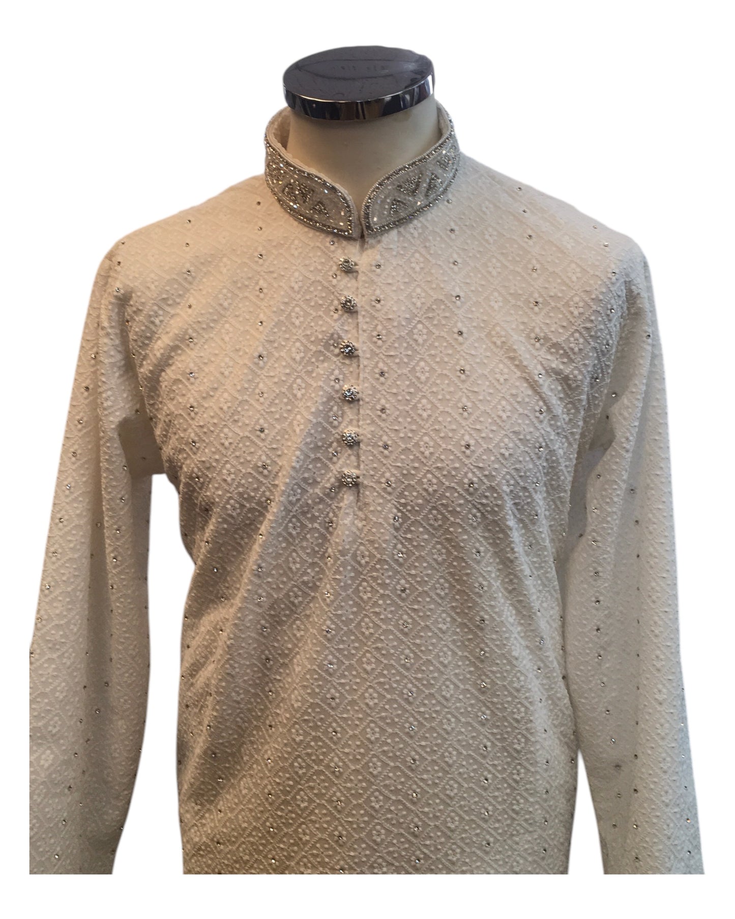 White - Locknawi Chikankari Self Brocade Mens Indian Kurta set - Weddings / Walimas , Sangeet, Mehndi / Henna , Eid / Diwali - BS2502 01JY25