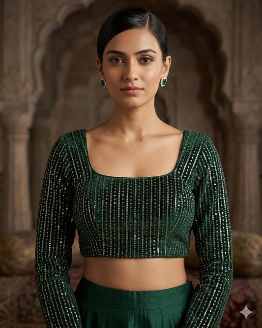 Size 38" / UK 12 - Bottle Green - Rich Sequins Embroidered Long Sleeve Saree blouse with cups - UK Stock - Quick Delivery - RNK - R860-KA