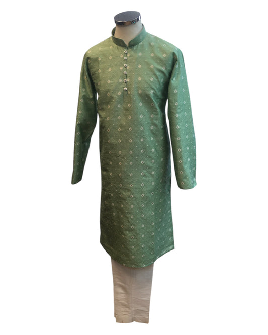 Light / Mint Green - Handloom Self Brocade Mens Indian Kurta set - Weddings / Walimas , Sangeet, Mehndi / Henna , Eid / Diwali - BS2501 01VP25