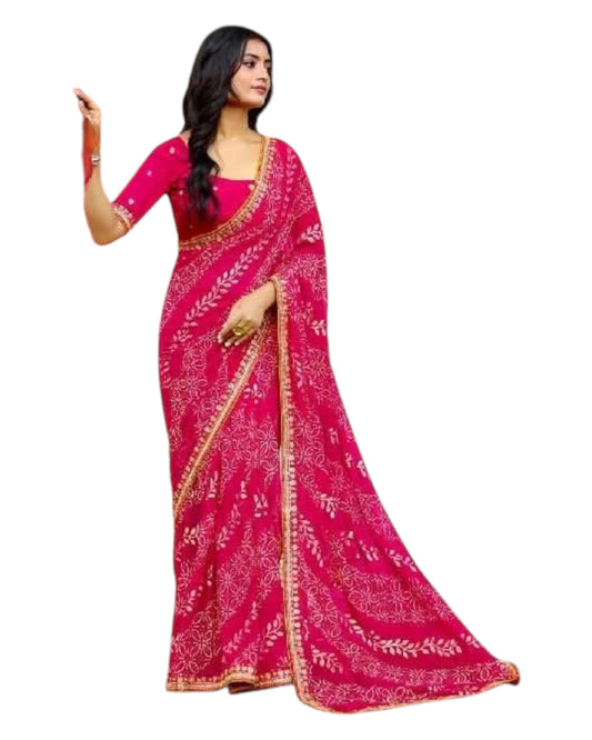 Magenta / Fuchsia - Bandhani Printed - Chiffon Saree with Blouse Piece - KAS-Chuneri 302 10KV25
