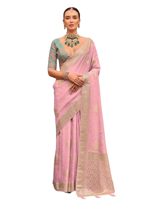 Pink - Handloom - Chiffon Banarasi Saree with Blouse Piece - JOH1606 10TK25