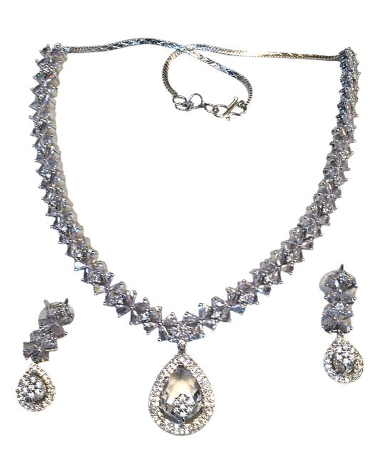 Clear - American Diamond Style Silver Finish Medium Size Necklace Set with Earrings - AE2424 11H24