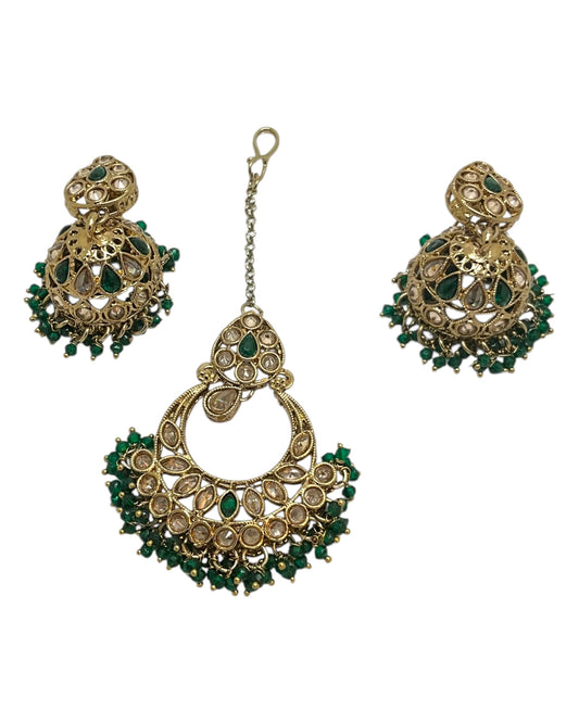 Green - Large Size Antique Gold Finish Necklace Set with Earrings & Tika (Head Piece) - UK Stock - GGA17 08KK25
