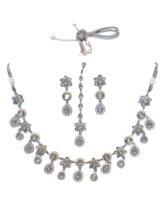 Clear - Silver Finish Necklace & Earrings Set - Bollywood - Weddings - KAJ1038 11KV24