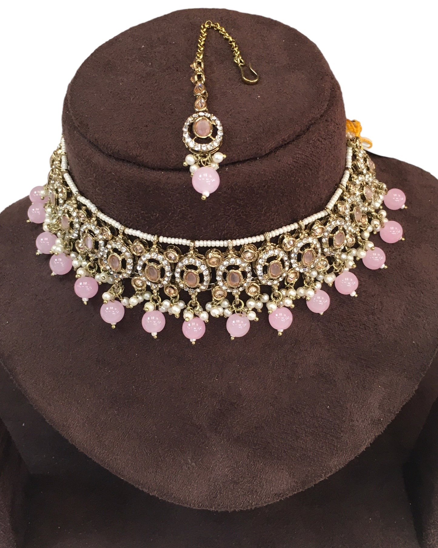 Pink - Medium Size Antique Gold Finish Choker Necklace Set with Earrings - RAK149 C 0424