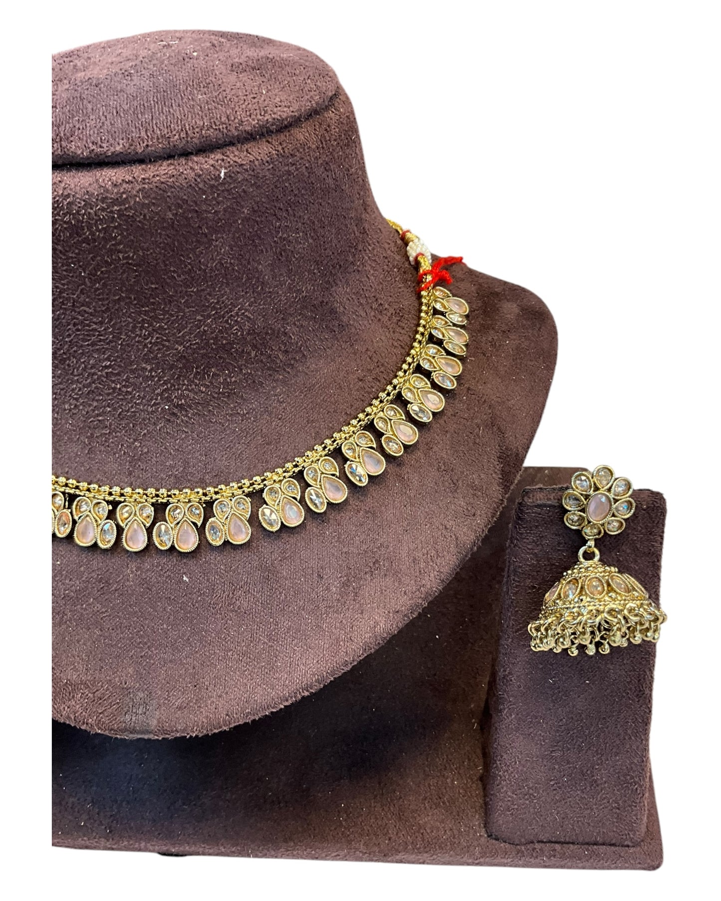 Pink - Medium Size Antique Gold Finish Necklace Set - AE2508 H 0525