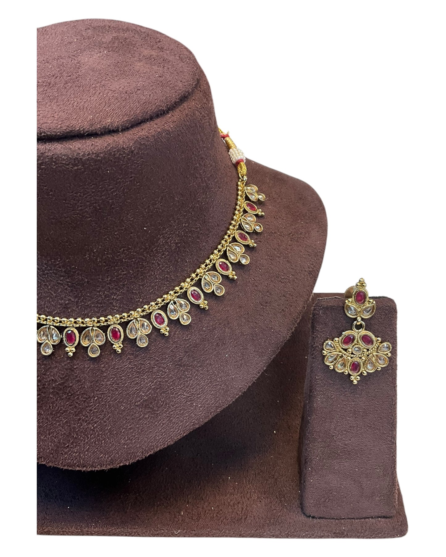 Magenta - Small Size Antique Gold Finish Necklace Set - AE2503 R 0525