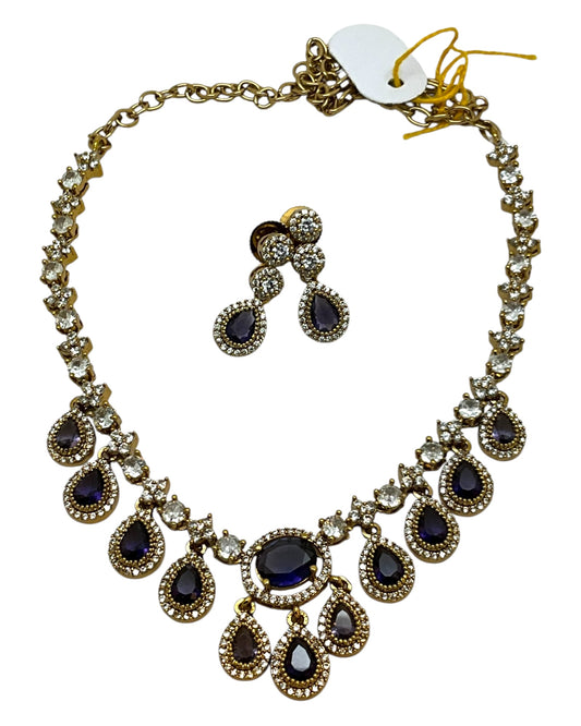 Purple - Small - Antique Gold Finish Necklace Set with Earrings & - AE2521 08KK25