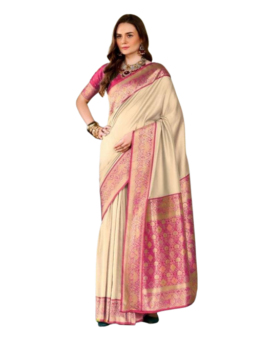 Light Gold - Silky Handloom Banarasi Saree with Blouse Piece - 12KH25 RP389