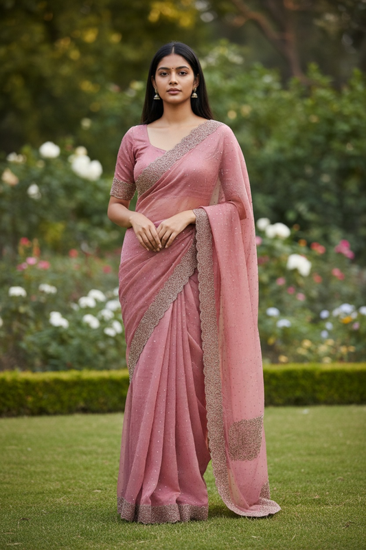 Coral - Rich Saree with Thread / Stone Embroidery and Blouse Piece - UK stock - 24hr Dispatch - RS2525 VJ