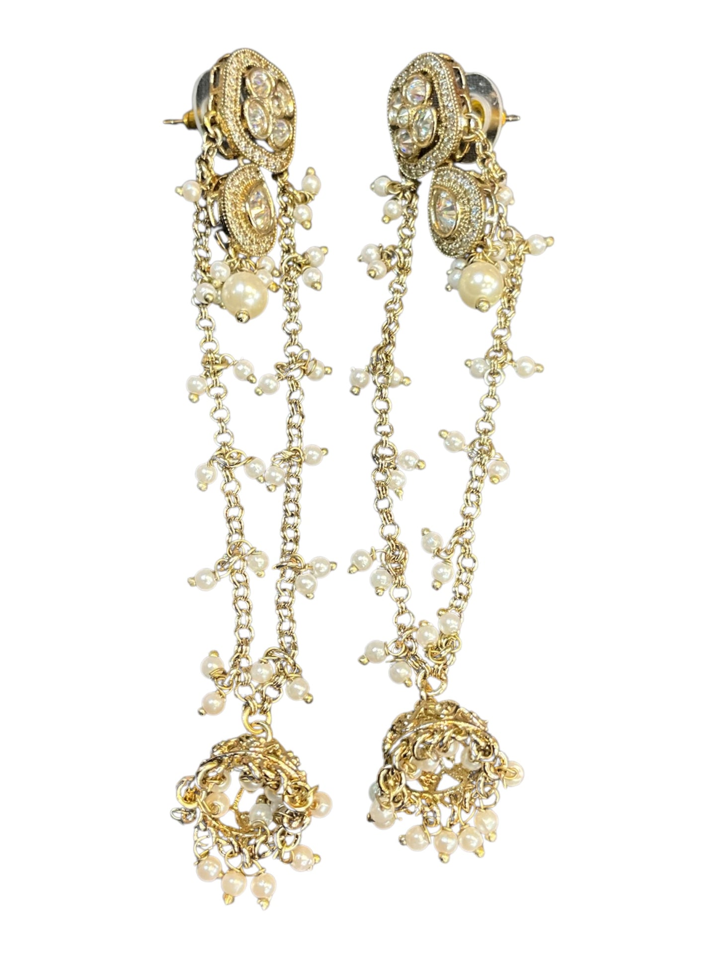 Clear / White / Pearl - Medium - Antique Gold Finish Traditional Earrings - Bollywood - Weddings - 15JE62 07R26