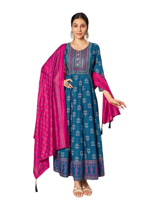 Cobalt Blue - Cotton Block Printed Long Dress with Dupatta - Available in Sizes 14(40") & 20 (46") - BH1006 KK 0924