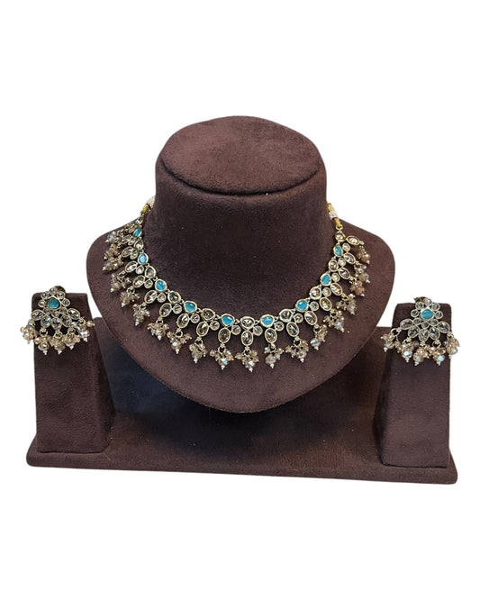 Turquoise - Large Size Antique Gold Finish Necklace Set with Earrings. - KAJ1031 KYp