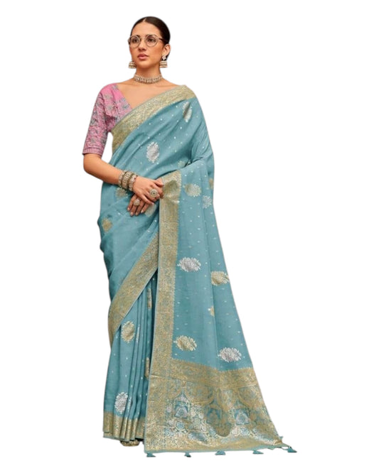 Sky / Light Blue - Handloom - Chiffon Banarasi Saree with Blouse Piece - JOH1608 10TV25