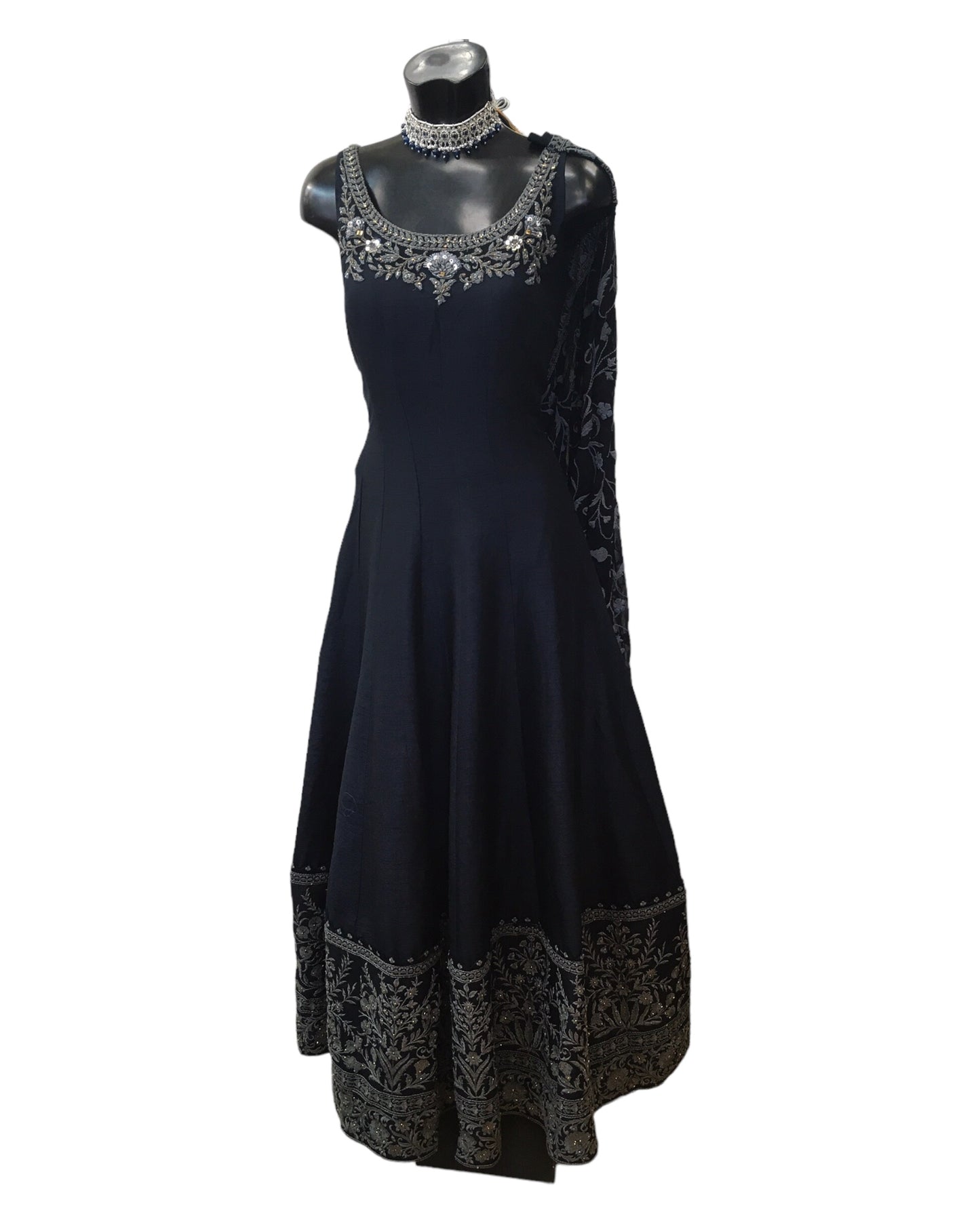 Cotton / Silky Dark Navy Anarakali Long Dress with Grey Embroidery - Size 12 (Bust 38") - Dulhan HY 0724