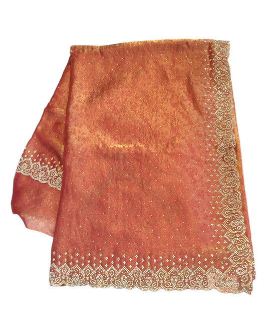 Burnt Orange - Self Print Crepe - Party Wear Embroidered Saree with Blouse Piece - SP2504022 T