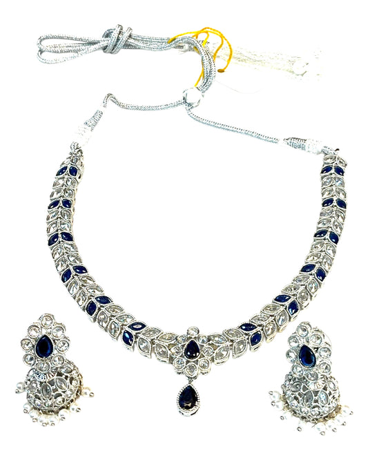 Navy Blue - Small Size Silver Finish Necklace Set with Earrings - SJ05 08C25