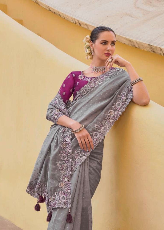 Purple - Chiffon Saree with Fancy Ready made Blouse - TAT6909 TR 0624