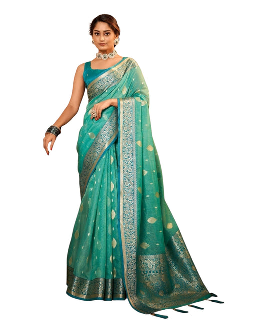 Sea Green - Handloom - Cotton Silky Banarasi Saree with Blouse Piece - RP84002 10KP25