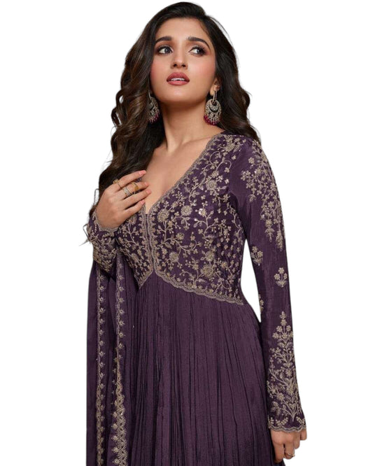 Chiffon - Purple Anarakali Long Dress with Trousers - Size 14 (Bust 40") - Inside Margin to let out ( 3 to 4")VF66574 TY 1024