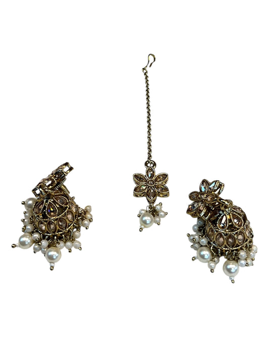 Light Pearl - Medium Size Antique Gold Finish Long Necklace Set with Earrings - RAK411 H 0525