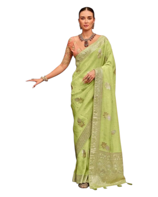 Light Green / Mint - Handloom - Chiffon Banarasi Saree with Blouse Piece - JOH1607 10TV25