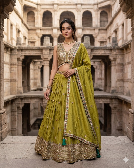 Size UK 14 (40" Bust) Adjustable to Size 16 - Olive Green - Banarasi Silky Lehenga Set - Mehndi / Sangeet / Bridesmaids / Weddings / Garba - UK Stock - 24h Dispatch - JF7973 05JP26