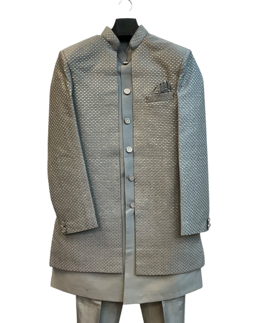 Silver / Grey - Mens Knee Length Jacket with Long Waistcoat - Sherwani / Indo-Western - Fantastic Fit - KCS6600 03PV26