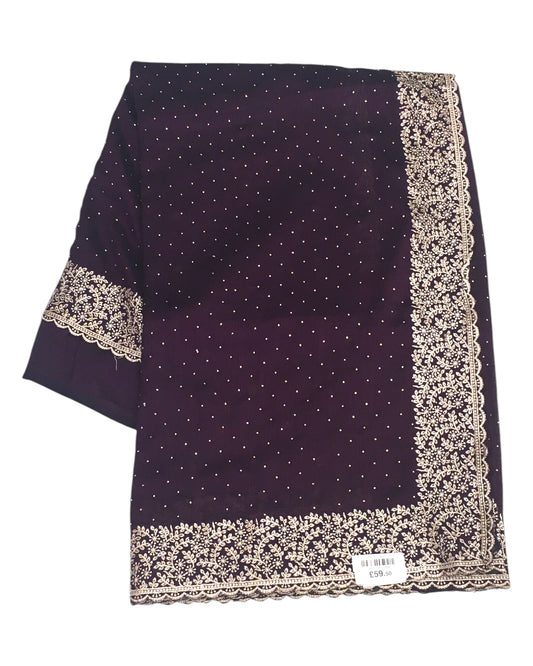 Wine / Plum - Chiffon Crepe - Party Wear Embroidered Saree with Blouse Piece - SP2504012 KP