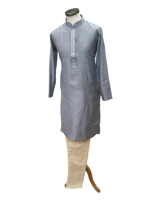 Light Grey - Cotton Silky Self Brocade Mens Kurta Set - Sangeet Mehendi Haldi - KCS1003 KK 1123