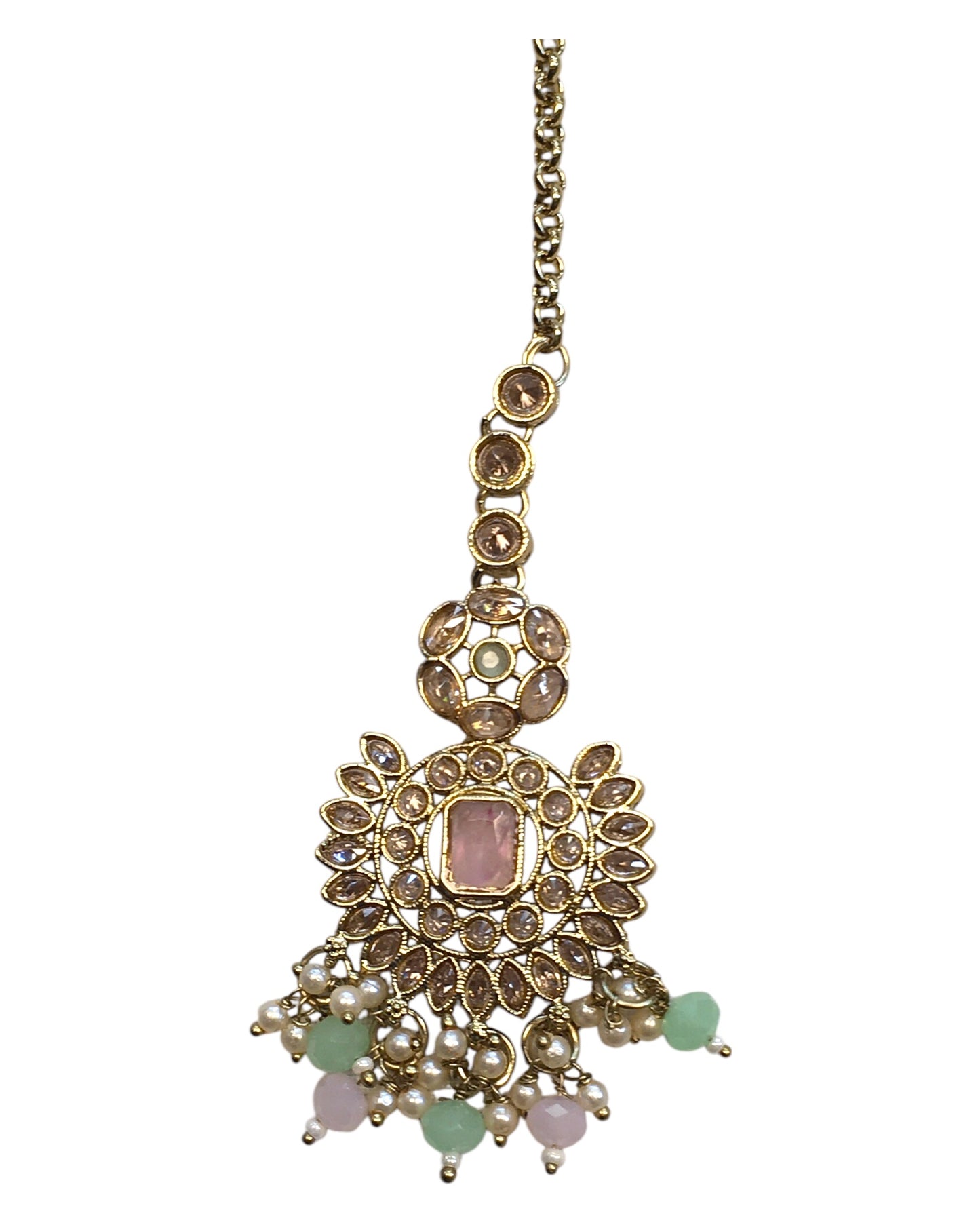 Pink / Sea Green - Large - Antique Gold Finish Traditional Tika Head piece - Bollywood - Weddings - PRI1773 11V24
