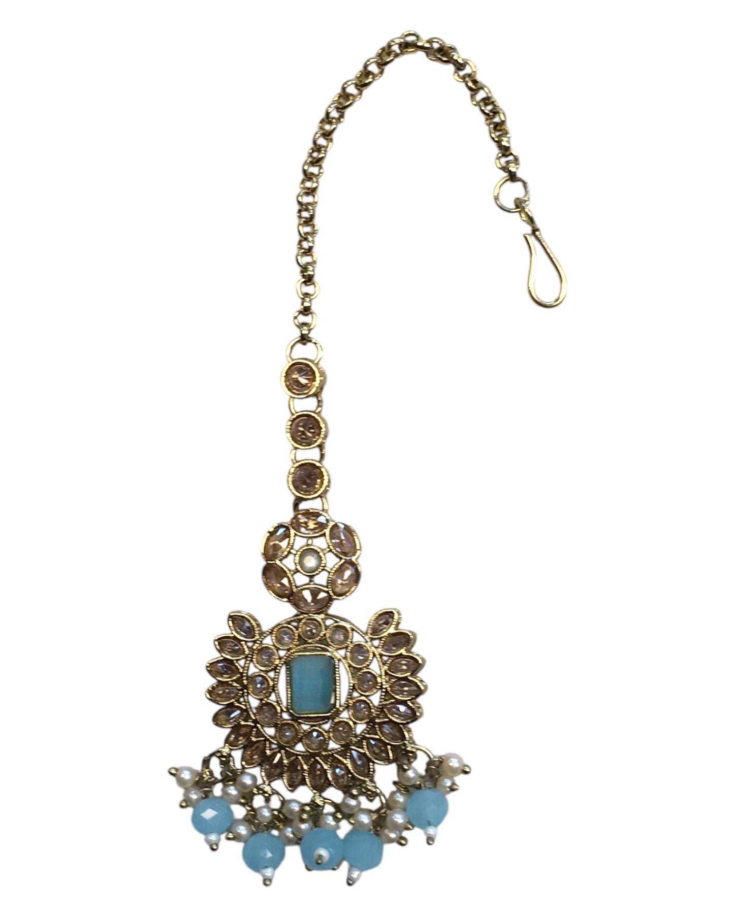 Sky Blue - Large - Antique Gold Finish Traditional Tika Head piece - Bollywood - Weddings - PRI1773 11V24