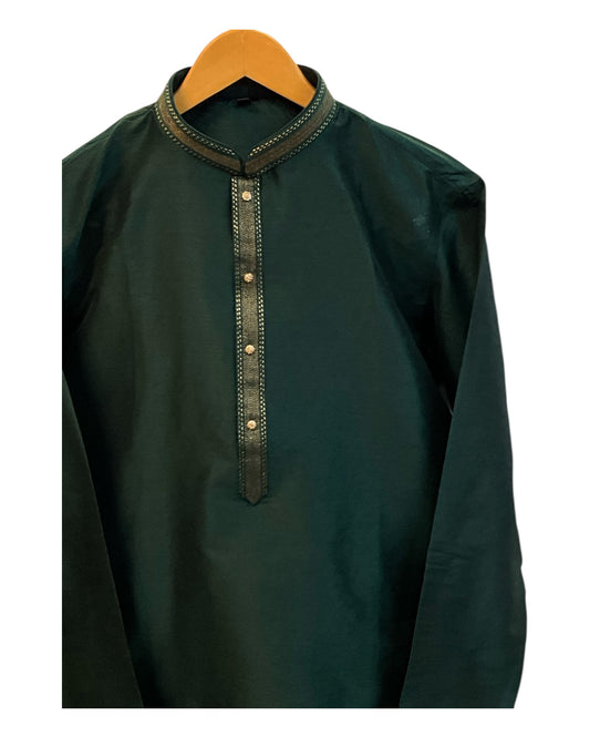 Bottle Green - Banarasi Handloom Brocade Mens Indian Kurta set - UK Stock - Weddings / Walimas , Sangeet, Diwali, Eid, Mehndi / Henna - VEE2532 KR