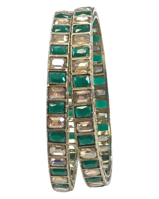 Antique Gold Finish GREEN Reverse Stone Bangles (Set of 6) - Mix N Match - SR219R