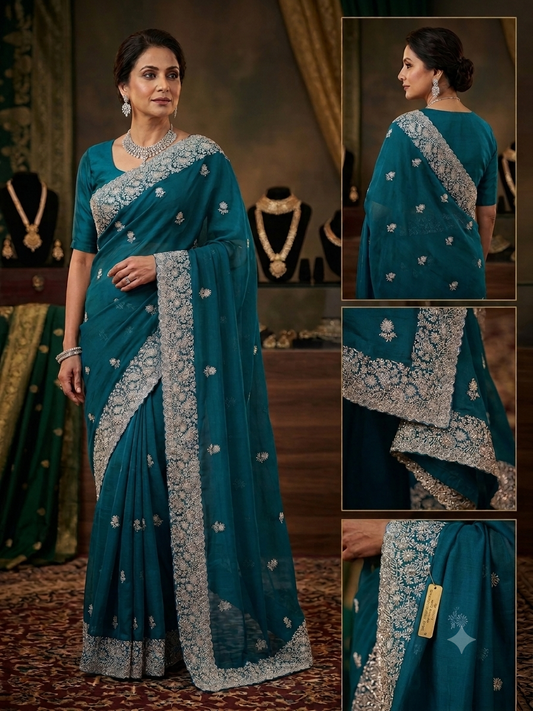 Teal - Saree with Thread / Stone Work and Blouse Piece - UK stock - 24hr Dispatch - SP2617 VK