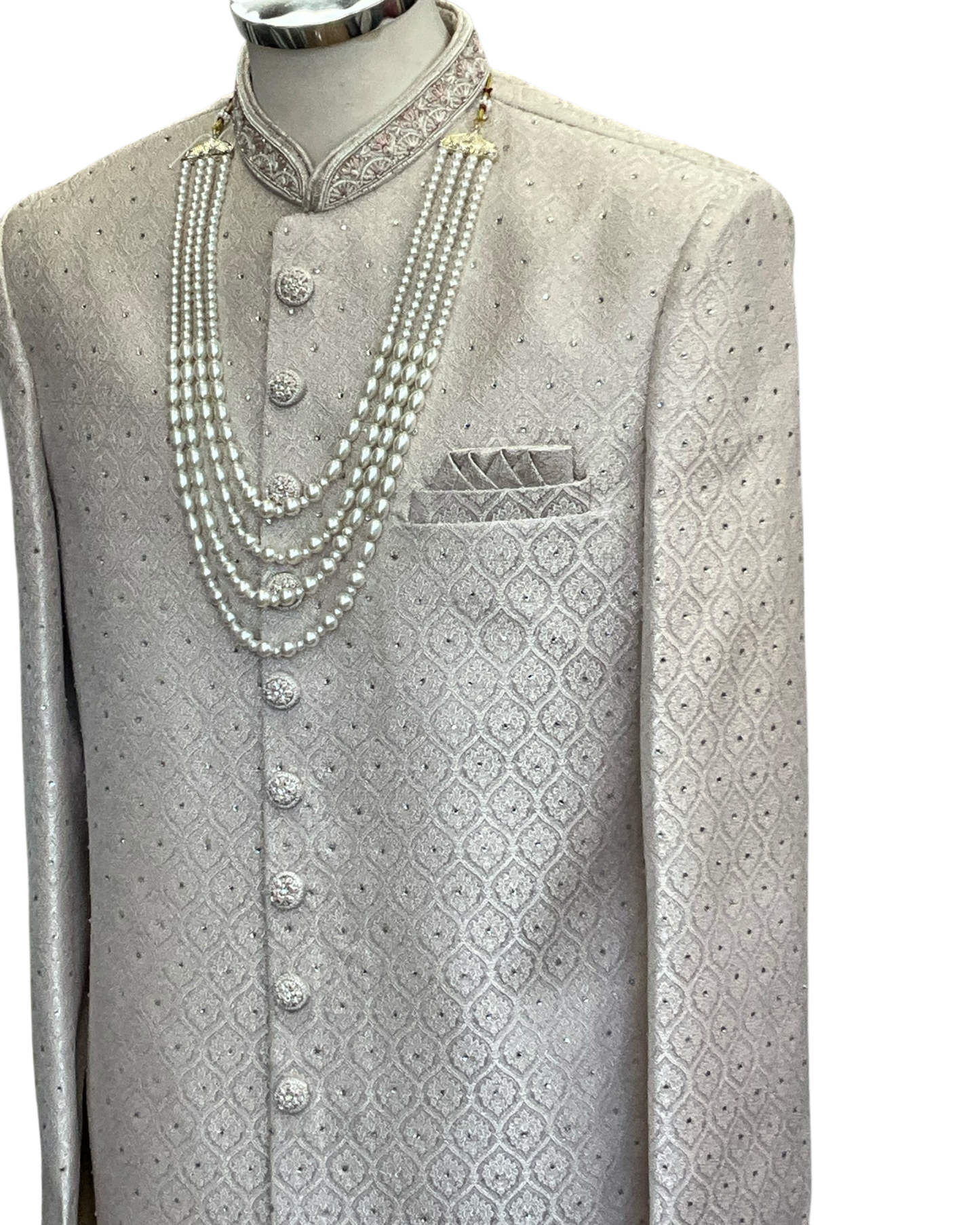 Cream - Rich Banarasi Brocade Sherwani with Pearls and Light Pink Embroidery - JF002 05RP26