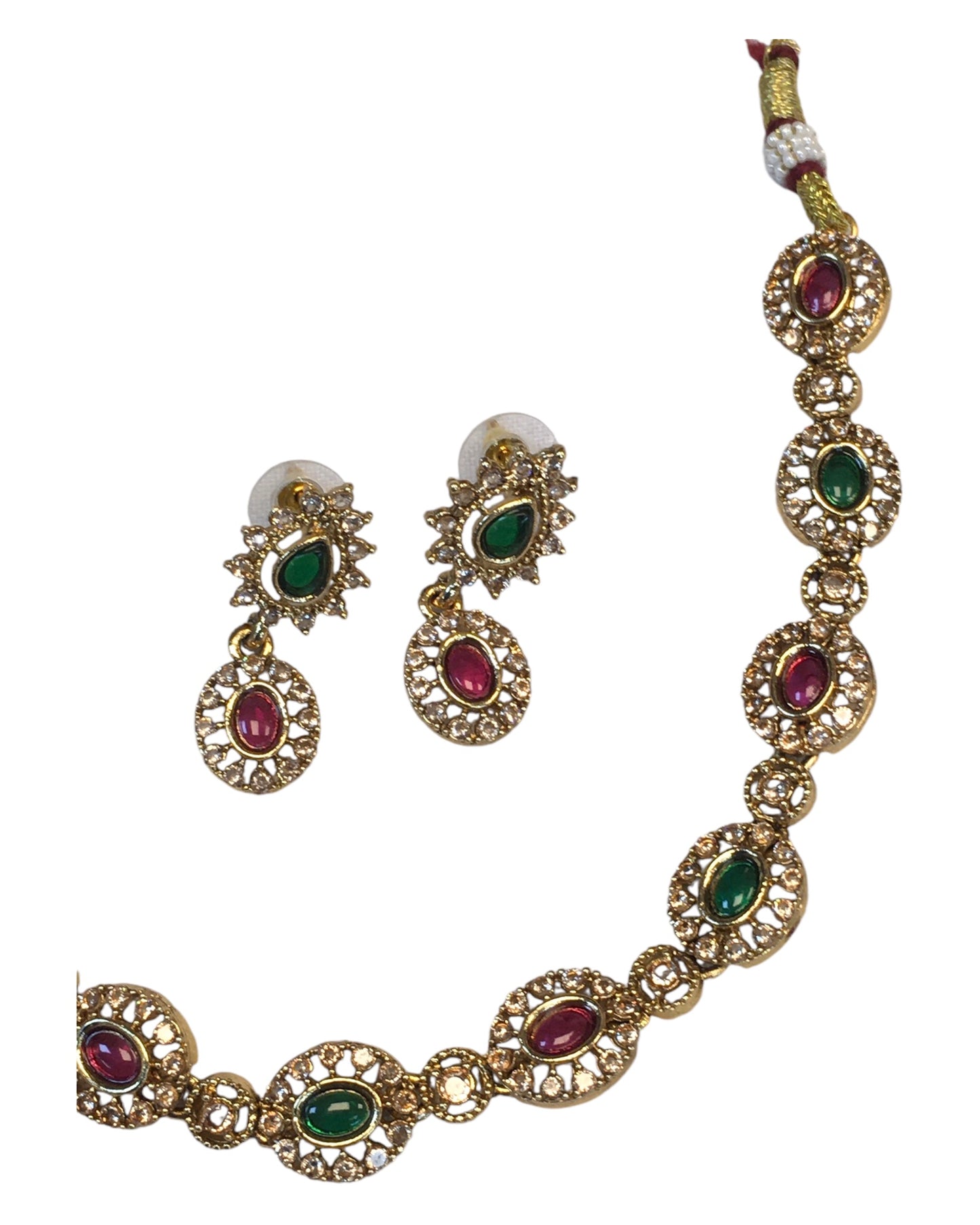Green & Magenta Pink - Small Size Gold Finish Necklace Set with Earrings - SB1124 11A24