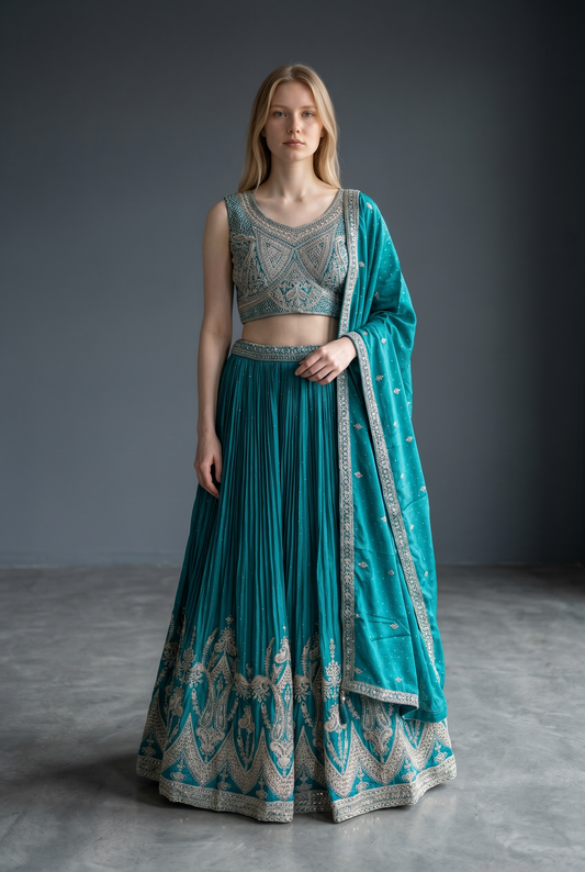 Size UK 12 (38" Bust) Adjustable to Size 14 - Turquoise - Silky Lehenga Set - Mehndi / Sangeet / Bridesmaids / Weddings / Garba - UK Stock - 24h Dispatch - JF3349 05PA26