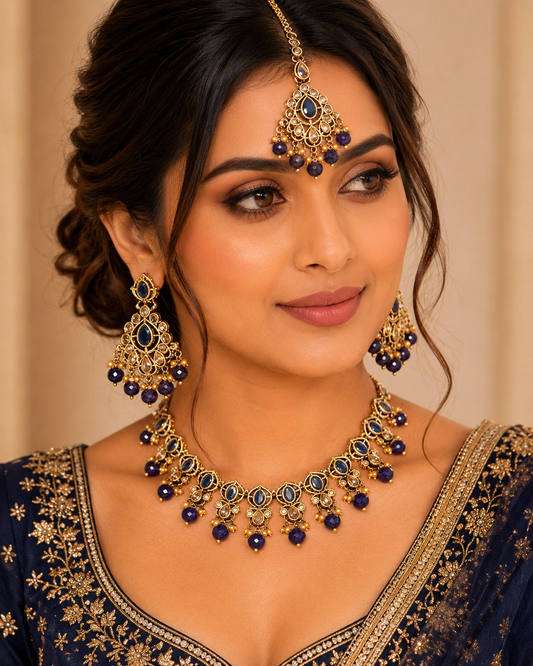 Navy Blue - Large Size Antique Gold Finish Necklace Set with Earrings - AV7787 11KK24