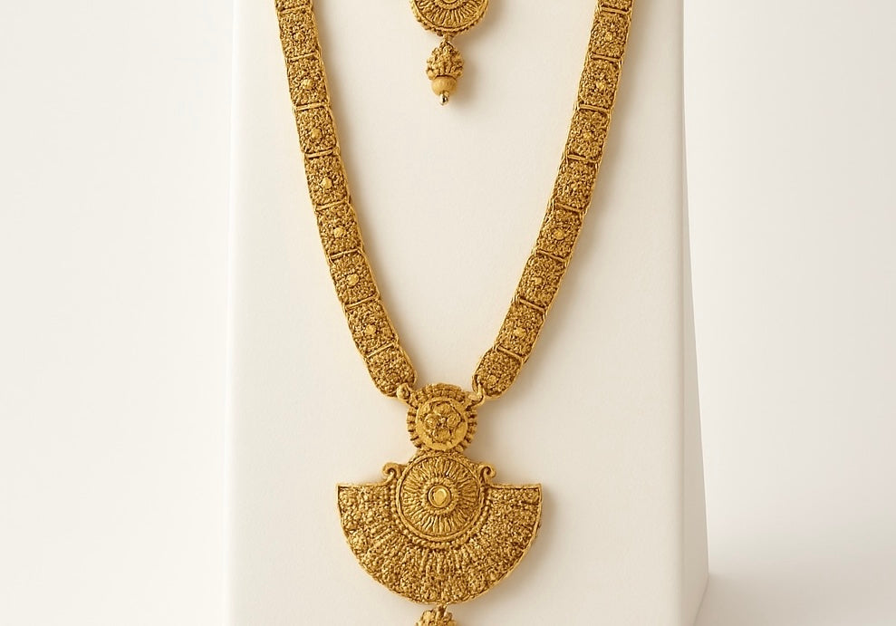 Gold Finish Temple - Medium Size Antique Gold Finish Long Necklace Set with Earrings - AE2510 KY 0525
