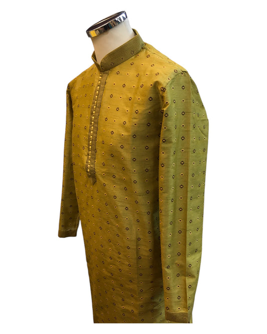 Mehndi Yellow - Brocade - Mens Indian Kurta set - Weddings / Walimas , Sangeet, Eid, Mehndi / Henna - NAD2510 01KR25