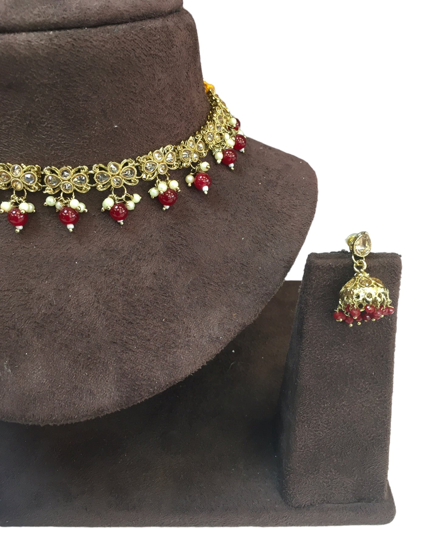 Maroon - Small Size Antique Gold Finish Necklace Set with Earrings - VJY402 A 0424