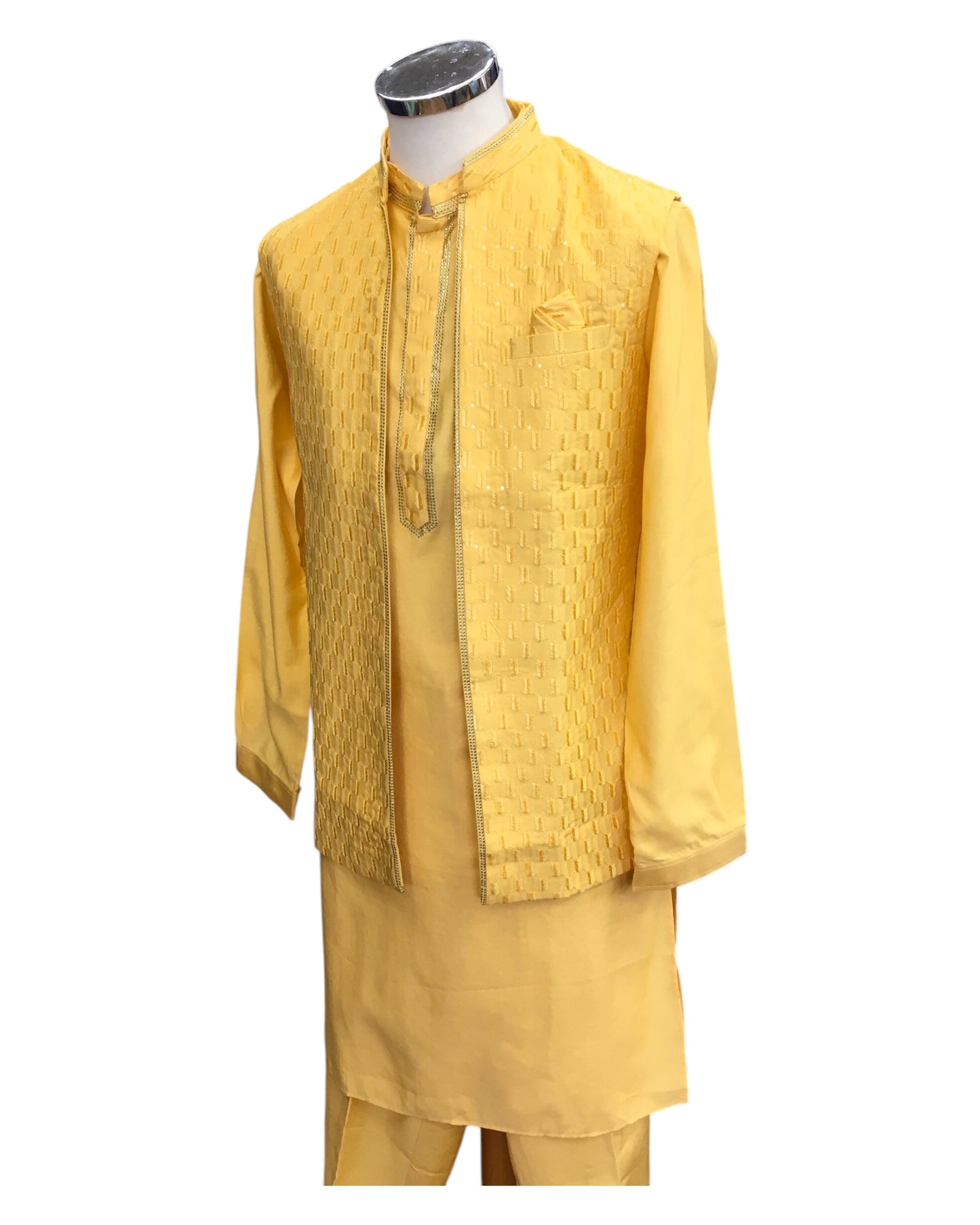 Haldi Yellow - Mens Kurta Set with Rich Brocade Waistcoat - SHU2507 TY 0325