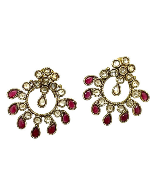 Dark Pink / Magenta - Small Size Antique Gold Finish Necklace Set with Earrings - Bollywood - AE2519 08C25