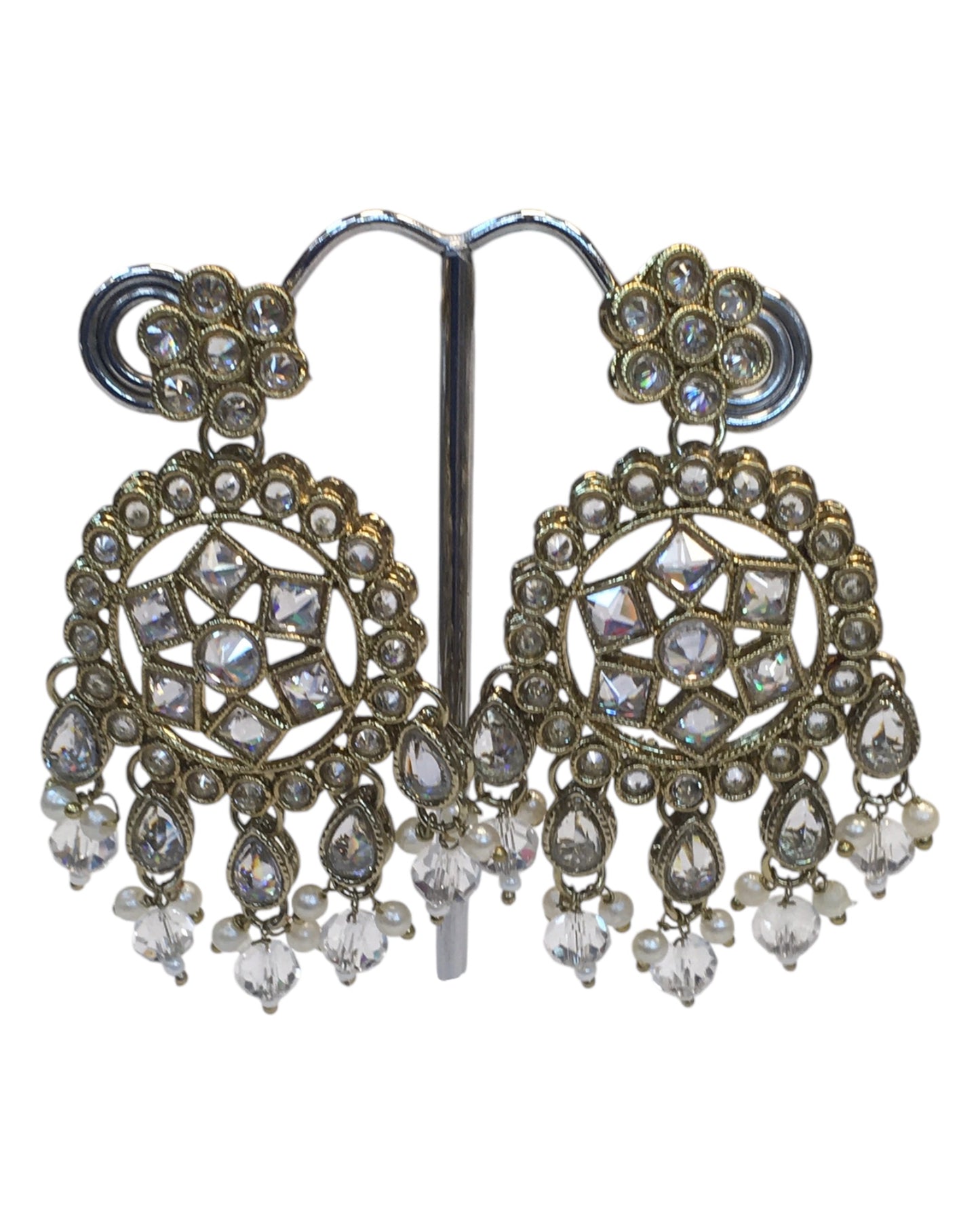 Clear - Large Size Antique Gold Finish Long Necklace Set with Earrings - RZ13 11KT24