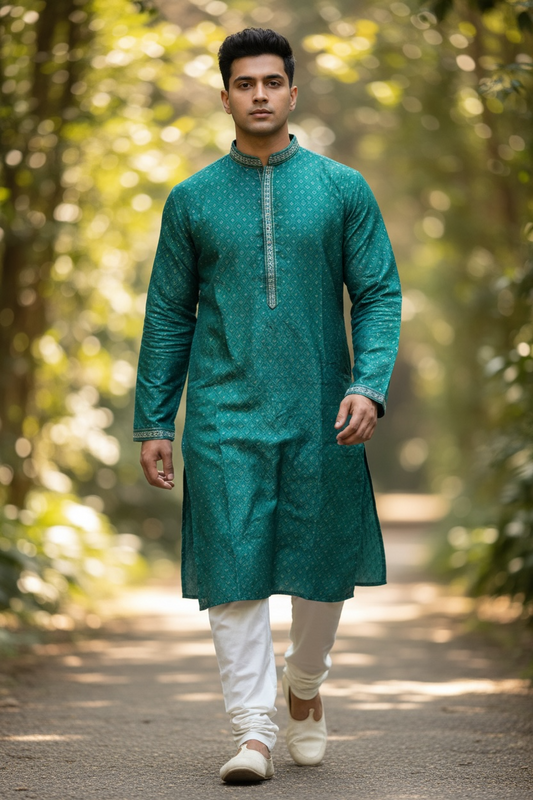 Green - Banarasi Handloom Brocade Mens Indian Kurta set with Trousers - UK Stock - Weddings / Walimas , Sangeet, Diwali, Eid, Mehndi / Henna - YD2601 03VV26