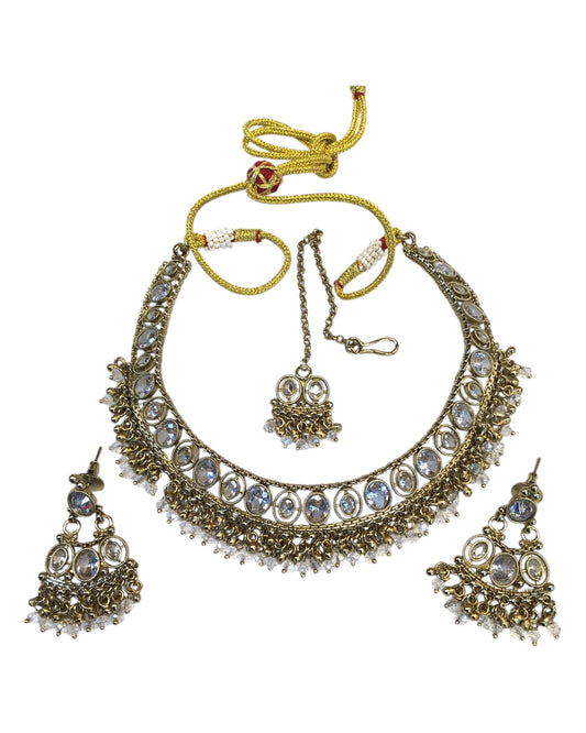 Clear Stone - Antique Gold Finish Necklace & Earrings Set - Bollywood - Weddings - DAJ547 11KV24