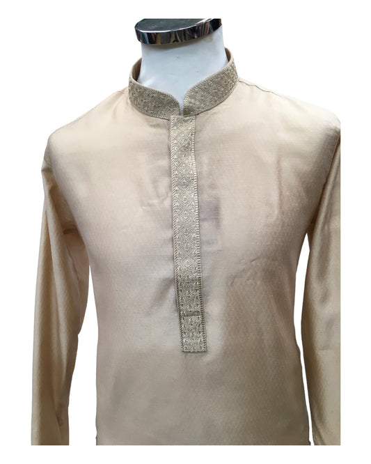 Light Gold / Beige - Cotton Silky Self Brocade Mens Kurta Set - Sangeet Mehendi Haldi - KCS1003 KK 1123