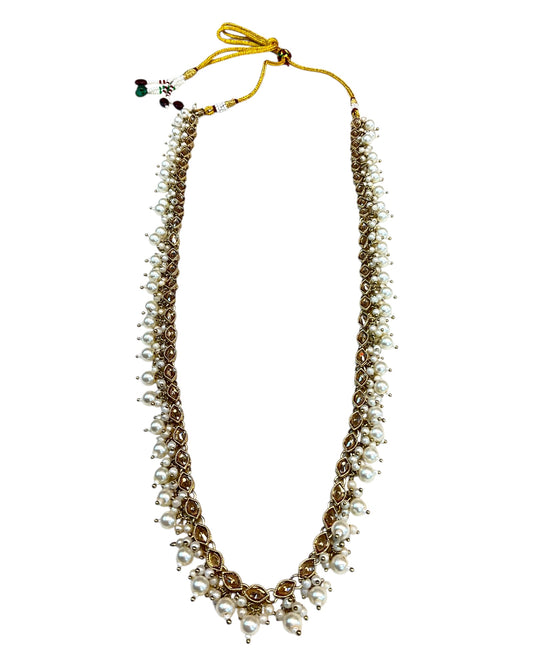 Light Pearl - Large Size Antique Gold Finish Long Necklace Set with Earrings - RAK408 KY 0525